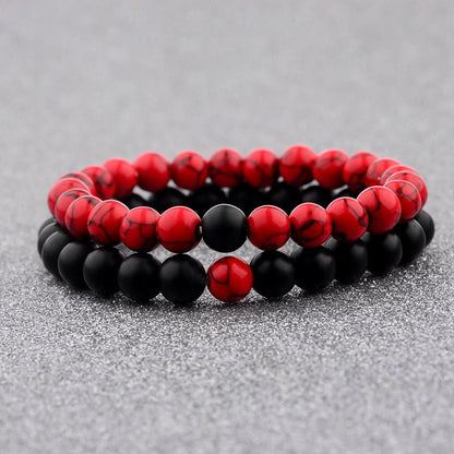 Pärchenarmbaender aus farbigen Natursteinperlen - roter Howlith und Onyx - Lebensfreuden