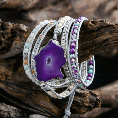 Perlenarmband & -Kette 'Boho Weiß' mit Geode - Amethyst - Lebensfreuden