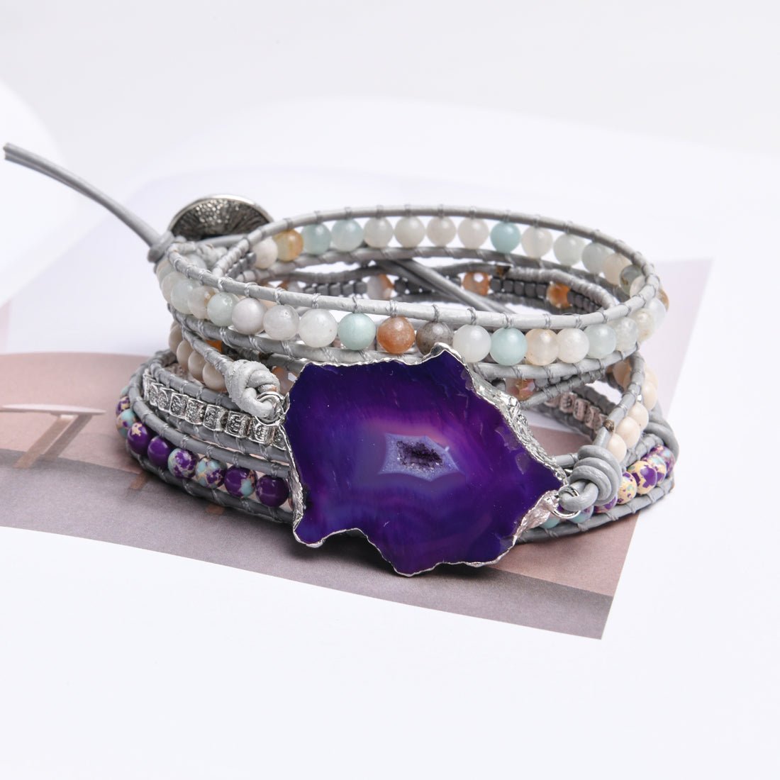 Perlenarmband & -Kette 'Boho Weiß' mit Geode - Amethyst - Lebensfreuden