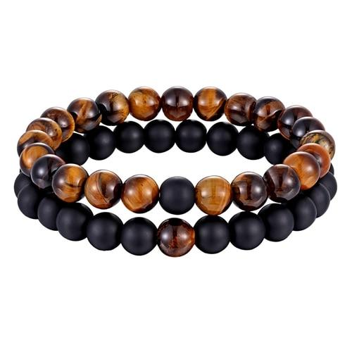 Pärchenarmbänder aus Natursteinperlen - Tigerauge + Onyx - Lebensfreuden